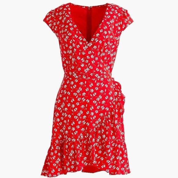 J. Crew Red Floral Wrap Ruffle Mini Dress Size 4 - Picture 1 of 8
